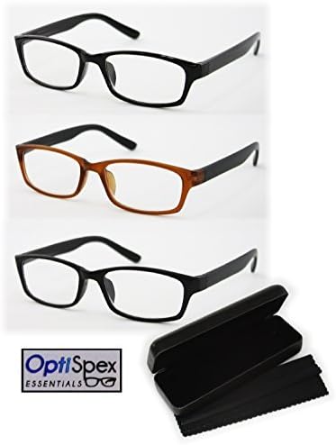 OptiSpex Unisex Plastic Reading Glasses (2.0X) Black, Matte Black & Brown/Black 3 Pack with Protective Case & Microfiber Cleaning Cloth