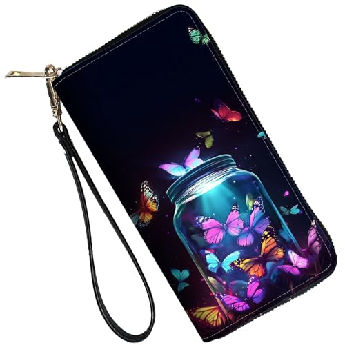 Image of RFID Blocking Leather Wallet for Women - Large Capacity Zip Around Clutch with 8 Card Slots,27 Cash Pockets & Coin Zipper,Butterfly Flies out of The Bottle