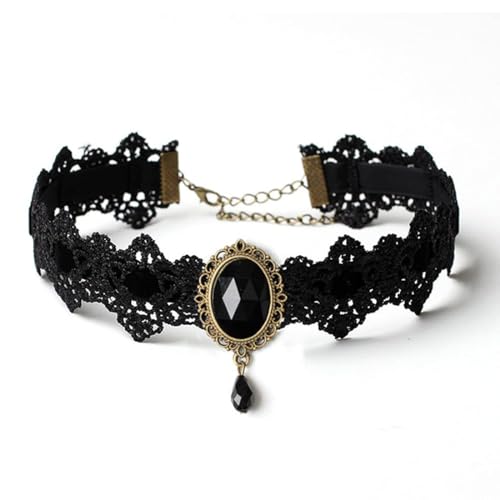 LYQNIHOB Gotischer Choker für Damen mit Spitze, Quaste und Kristallanhänger - Retro Halskette für Halloween, Fasching & Karneval - Schwarz im Gothic Punk Tattoo Stil - 1 Stück