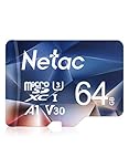 Netac 64GB MicroSDXC Memory Card, Micro SD Card R/W up to 100/30MB/s, TF Card 4K Full HD Video Recording, UHS-I, C10, U3, A1, V30, for Camera, Smartphone, Security System, Drone, Dash Cam