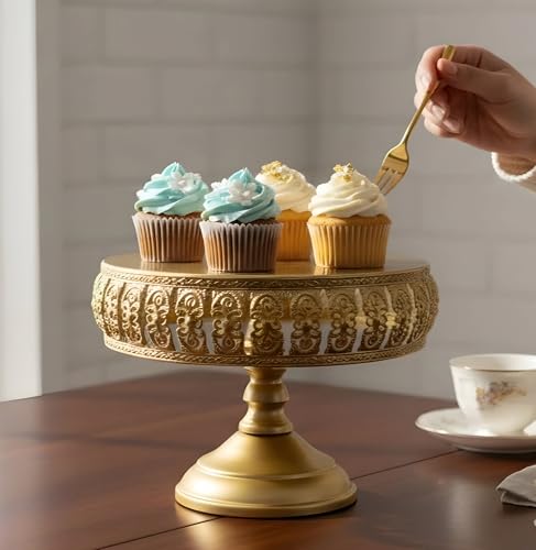 Image of Vintage Gold Cake Stand - 8 Inch Round Ornate Metal Cupcake Holder, Elegant Dessert Display Platter for Weddings, Birthday Parties, Baby Showers, and Afternoon Tea (Oval)