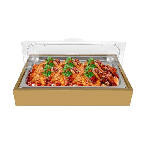 ACNAO Modern Gold Reusable Food Display Tray with 2 Compartments, 6L Capacity, Clear Top Cover, Buffet Cold Serving Cooler Platter