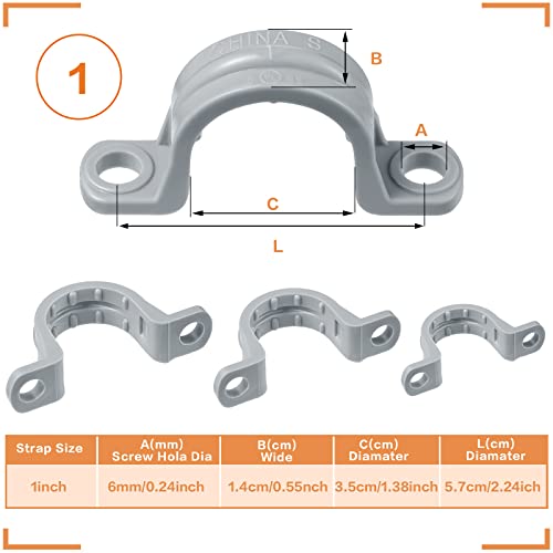 Image of Demissle PVC Conduit Clamp 2 Hole Straps Heavy Duty Grey Plastic Conduit Strap U Clip Mounting Bracket for Cables (100 Pcs,1 Inch)
