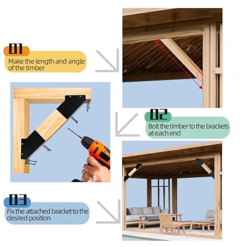 Kit de 4 soportes angulares de esquina de 45 grados para pérgola, conectores resistentes para postes y vigas de madera, bordes de escritorio, pérgolas y cenadores, kit DIY miniatura 7