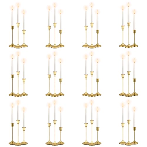 36Pack 12 Sets Brass Gold Metal Taper Candle Holders Candlestick Holders - Candle Holder for Halloween Decorations erfect for Table Centerpiece Mantel Party Wedding Christmas Home Decor (36)