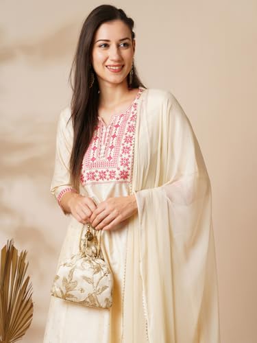 Image of Globus Women Ivory Floral Print A-Line Kurta Set With Trouser-3638388001