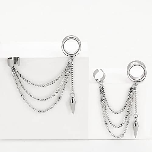 Earblity 2PCS 6mm/2g Silver Trendy Cuff Clip Triple Chain Dangle Ear Plugs Gauges Screw Ear Tunnels for Women Men Hypoallergenic 316 Stainless Steel Ear Body Piercing Jewelry by Earblity - Used condition - Image 7
