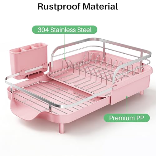 Image of SNTD Dish Drying Rack, Expandable Dish Rack for Kitchen Counter, Stainless Steel Dish Drainer with Drainboard Set and Utensil Holder (Pink)