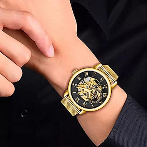 Miniatura 8 de Dentily Reloj de esqueleto para hombre clásico con número romano Steampunk Reloj mecánico Relojes de viento para hombre (azul)