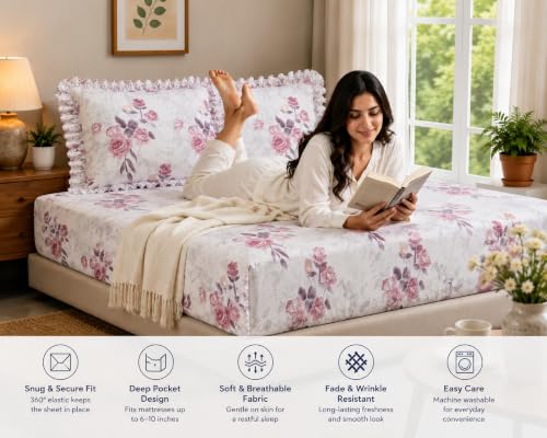 Image of Fitted Bedsheet Queen Size 300 TC Soft Cotton Feel Microfiber All Around Elastic Fitted Double Bedsheet with 2 Frill Pillow Covers | Size (60x78) Pink Rose
