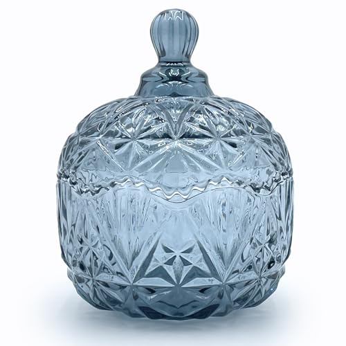 EWEIGEER Colorful Crystal Glass Candy Snack Jar Candy Dish With Lids Jewelry Jar Blue Room Bedroom Decor(Blue Grey)