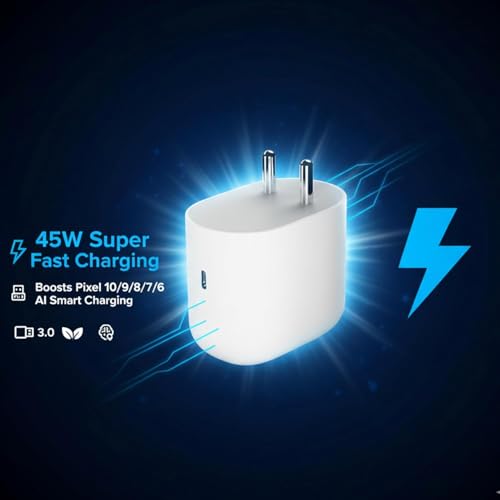 Image of 45W Type-C Fast Charger for Google Pixel | Adapter for Pixel 9A /9 Pro /8 /8a, Pixel Tablet, Chromebook & Other USB-C Devices |Original Charging Speed (White)