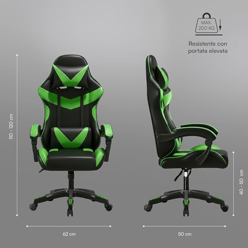 Baroni Home Sedia Gaming Con Schienale Ergonomico Inclinabile E Altezza Regolabile, Sedia Ufficio Con Supporto Lombare, Poggiatesta Imbottito, 50X62X110-120 Cm, Nera E Verde - 3