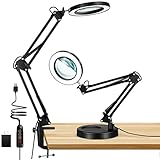 Drdefi 2.25X Magnifying Glass with Light and Stand, 3 Color Modes Stepless Dimmable Desk Lamp with Clamp