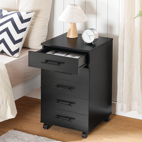Image of HOOBRO 5-Drawer File Cabinet, Office Cabinet with Drawers, Wooden Storage Cabinet with Wheels for Makeup, Home Office, Study, Easy Assembly, Black BK05WJ01