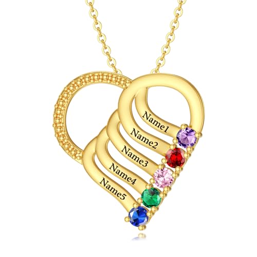 10K 14K 18K Gold Personalized Mothers heart Necklace with 2-6 Birthstones Custom Engraved Names Mom Pendant Christmas Gift for Her Wife