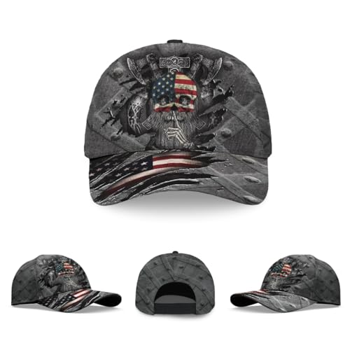 Image of Viking American Flag Skull Cap for Men, Viking Skull Us Flag Skeleton Gothic Horror, Adjustable Caps for Men Women