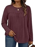 WYNNQUE Womens Plus Size Tops Long Sleeve Shirts Dressy Casual Blouses Flowy Peplum Tunics Loose Fit Fall Clothes Babydoll Crew Neck Basic Tees Winter Fashion 2026 Oversized Work Outfits WineRed 3XL