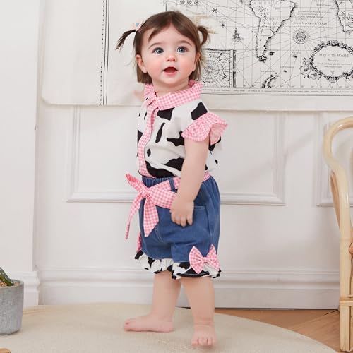 Western Baby Girl Denim Outfits Cow Print Shirt Toddler Ruffle Sleeve Button Down Tops Bowknot Wide Leg Jean Shorts2
