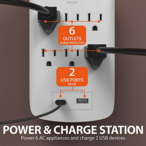 Fosmon Wall Outlet Extender Surge Protector - 6 Outlet Wall Adapter With 2 Usb Charging Ports (1 Usb-A, 1 Usb-C), Multi Plug Outlet, Splitter Outlet For Home, Dorm Essentials, 1225 Joules, Etl Listed #TOP1