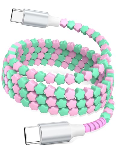 Image of USB C to USB C Cable 6FT,60W Fast Charging Beaded Charger Cord for iPhone 17 16 Pro Max 15 /iPad Pro 11th Air for Samsung S26 S25 S24 S23 A17 /Android Phone Charger Cord Cute Girl Women,Pink-Green Star