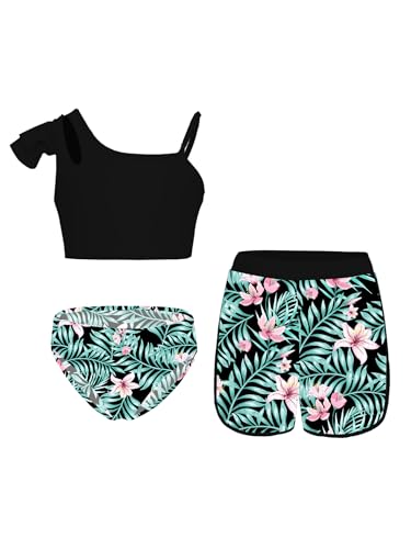 Eandarui Kids Girls 3Pcs Sleeveless Swimsuit Tank Top and Brief with Tropical Print Shorts Bathing Suit Black&Green Flower 12 Years