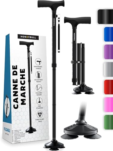 HoneyBull Canne de Marche Tripode en Aluminium pour Hommes et Femmes Pliable Réglable Robuste Tout Terrain Anti Dérapant, Aide à la Mobilité Personnes âgées (Noire)