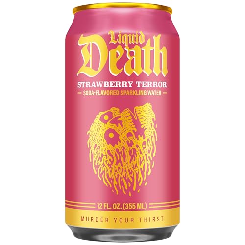 Image of Liquid Death Soda-Flavored Sparkling Water - Strawberry Terror, Less Sugar*, Huge Flavor, No Caffeine, No Artificial Sweeteners, 12 Fl Oz (Pack of 12)