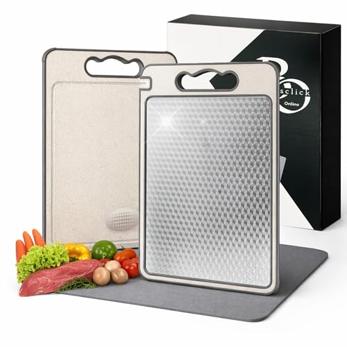 Buysclick Online Tabla de Cortar Acero Inoxidable Doble Cara con Canal de Drenaje, Rallador, Afilador y Tapete Antideslizante - Tabla de Cortar Antibacteriana para Amantes de la Cocina