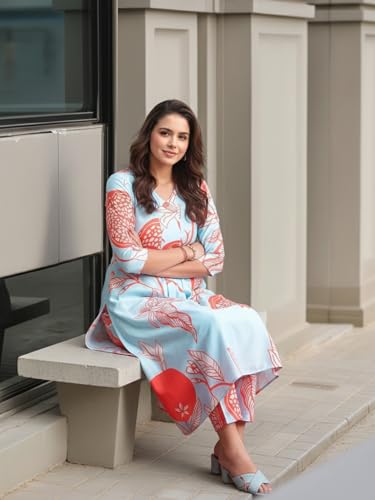 Image of GoSriKi Women's Rayon Viscose Printed Anarkali Kurta with Pant Set | Stylish Sky Blue & Orange Fruit Print Ethnic Suit | Flared Two Piece Kurti Set for Women and Girls