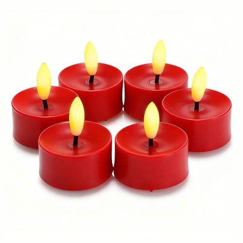 Image of CANDLE CHOICE Battery Operated Flameless Tea Lights Realistic Black Wick Bright Flickering LED Tealight Candles Wedding Table Centerpieces Halloween Christmas Decorations Batteries Incl. 6 Pack Red