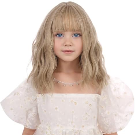 Image of Girls Ash Blonde Wig Kids Short Blond Wavy Curly Wig Blonde Wig with Air Bangs for Children Heat Resistant Synthetic Wig with Wig Cap