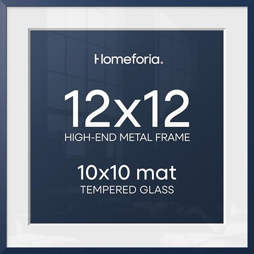 Image of Homeforia 12x12 Picture Frame Navy Blue, High End Metal 12 x 12 Square Poster Frame with Mat 10 x 10 Photo, 12x12 Frame Matted to 10x10 Print, 12by12 Hanging Frames, Tempered Glass, Wall Kit, Set of 2