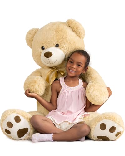 Image of MaoGoLan Giant Teddy Bear Stuffed Animal, 52 inch Large Tan Teddy Bear Plush Toy with Cute Bow Tie & Footprints, Soft Sunggle Bear Plushies Gift for Kids Grilfriend Wife on Christmas Birthday Baby Shower