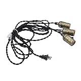 HESSION Vintage Triple Light Sockets Pendant Hanging Light Cord Plug-In Light Fixture with On/Off Switch E26/E27 Base, 16.5FT Twisted Black Textile Cord UL Listed(Copper)