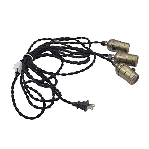 HESSION Vintage Triple Light Sockets Pendant Hanging Light Cord Plug-in Light Fixture, Light Socket with On/Off Switch E26/E27 Base,Total 16.5 Foot Twisted Black Textile Cord UL Listed(Copper)