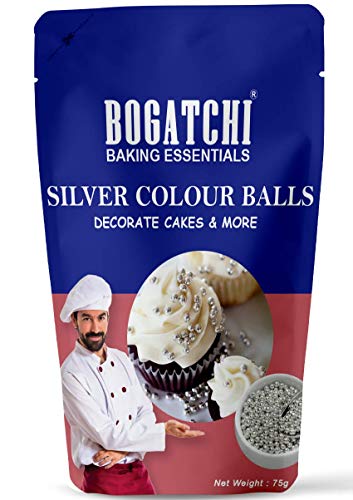 Image of BOGATCHI Silver Balls for Cake Decoration | Topping for Cake & Other Baking Items| Colored Sugar Confectionary | Cake Decorating Sprinkler |Gluten Free & Vegan |75g