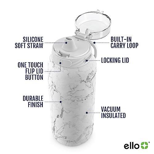 Image of Ello Cooper 40oz Stainless Steel Water Bottle with Straw and Carry Handle, Double Walled and Vacuum Insulated Metal, Leak Proof Locking Lid with Soft Silicone Spout, Reusable, BPA Free, White Marble