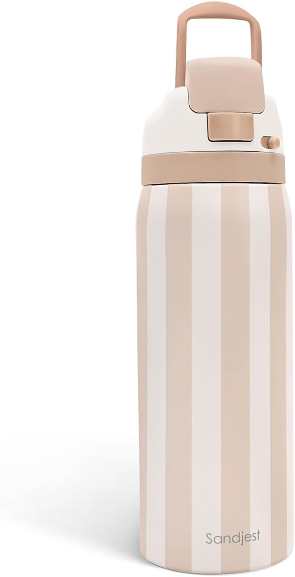 Stripe Insulated Stainless Steel Water Bottle with Straw for Sports and Travel, 32oz, Gifts for Women Girls Friends Teens Birthday Christmas (Brown)