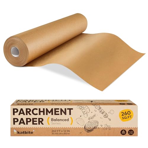 Katbite 12in x 262ft Unbleached Parchment Paper Roll, 260 Sq.Ft, Balanced Series, Non-Stick, Extra Long Parchment Baking Paper with Portable Serrated Cutter for Baking, Cooking [Balanced Series]