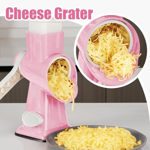 Image of KEOUKE Rotary Cheese Grater Hand Crank Pink - Shredder Slicer Grinder 3 Stainless Steel Blades, Stable Suction, Labor-Saving Handle, Safe Kitchen Tool for Cheese, Vegetable, Nuts, Chocolate
