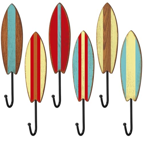 DoubleFill 6 Pcs Surfboard Wall Hooks Wooden Surfboard Towel Hooks Decorative Hawaiian Tropical Surf Board Wall Hangers Vintage Summer Towel Hangers Decor for Beach Pool Bathroom Bedroom Decoration