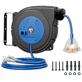 30FT Retractable Extension Cord Reel, 16AWG/3C SJTOW Heavy Duty Power Cord Reel with Lighted Triple Outlets, 10A Circuit Breaker, Lightweight Ceiling/Wall Mount Reel for Garage, ETL Listed, Blue