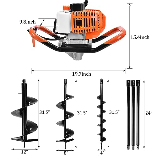 72CC Auger Post Hole Digger Gas Powered Auger with 3 Earth Drill Bits 4" & 8" & 12", 3 Extension Rods for Fence Garden Farm Plant