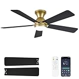 Dolavast Ceiling Fans with Lights and Remote, 48 Inch Gold Ceiling Fan with Light, Low Profile Reversible Fandelier Ceiling Fan, Dimmable LED, Flush Mount, Quiet DC Motor, for Bedroom Kitchen