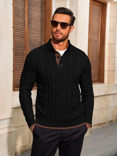 Yousify Mens Stand Collar Pullover Sweater Casual Cable Knitted Quarter Button Sweaters Winter Chunky Thermal Polo Sweaters3