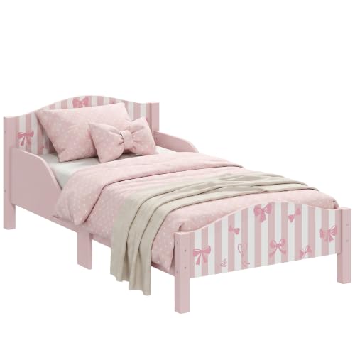 AIYAPLAY Lit Enfant 70 x 140 cm, Barrière de Sécurité, Motif Nœud, Rose