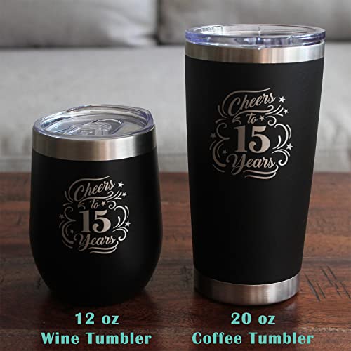 Cheers To 15 Years - Stemless Wine Glass Gifts For Women & Men - 15Th Anniversary Party Decor - Large 17 Oz Glasses #TOP6