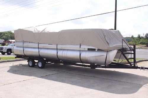 Vortex Direct 1200 Denier Tan/Beige 28' Pontoon/Deck Boat Cover, Has Elastic and Straps, Firts 26'1" to 27' to 28' Long Deck Area, Up to 102" Beam