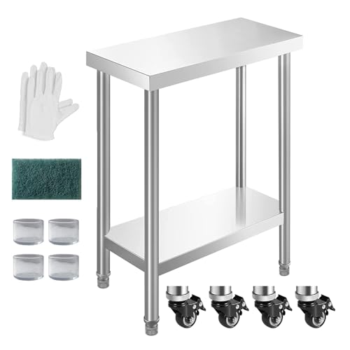 HXCFYP Mesa de aço inoxidável para preparação e trabalho com rodízio de 61 x 30 cm, NSF Mesa de cozinha comercial de metal com prateleira embaixo e pé de mesa ajustável para restaurante, casa e hotel
